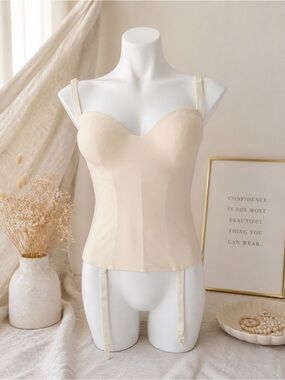 Vintage Carnival Longline Bustier Corset 36C Ivory Nylon Garter Straps Style 426